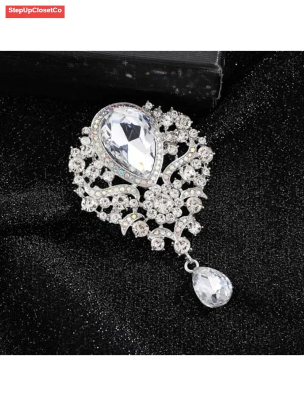 Vintage Floral Filigree Brooch with Teardrop Crystal Dangle, Baroque Statement